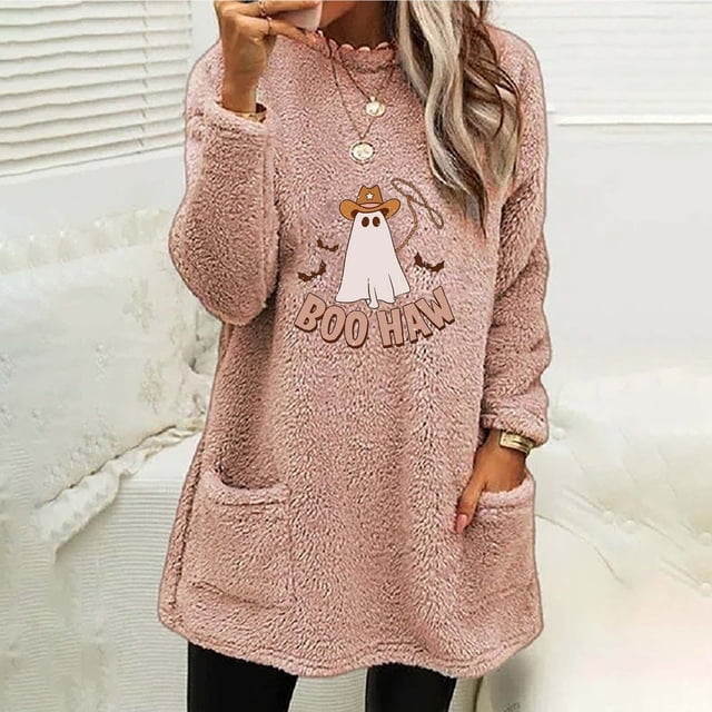 FcBaudy Hauts pour Femmes, Blouses et Chemises à Manches Longues et Col Rond, Chemises pour Femmes de Noël, Manteau Épais et Chaud à Manches Longues et Col Rond Imprimé avec Poche pour Femmes