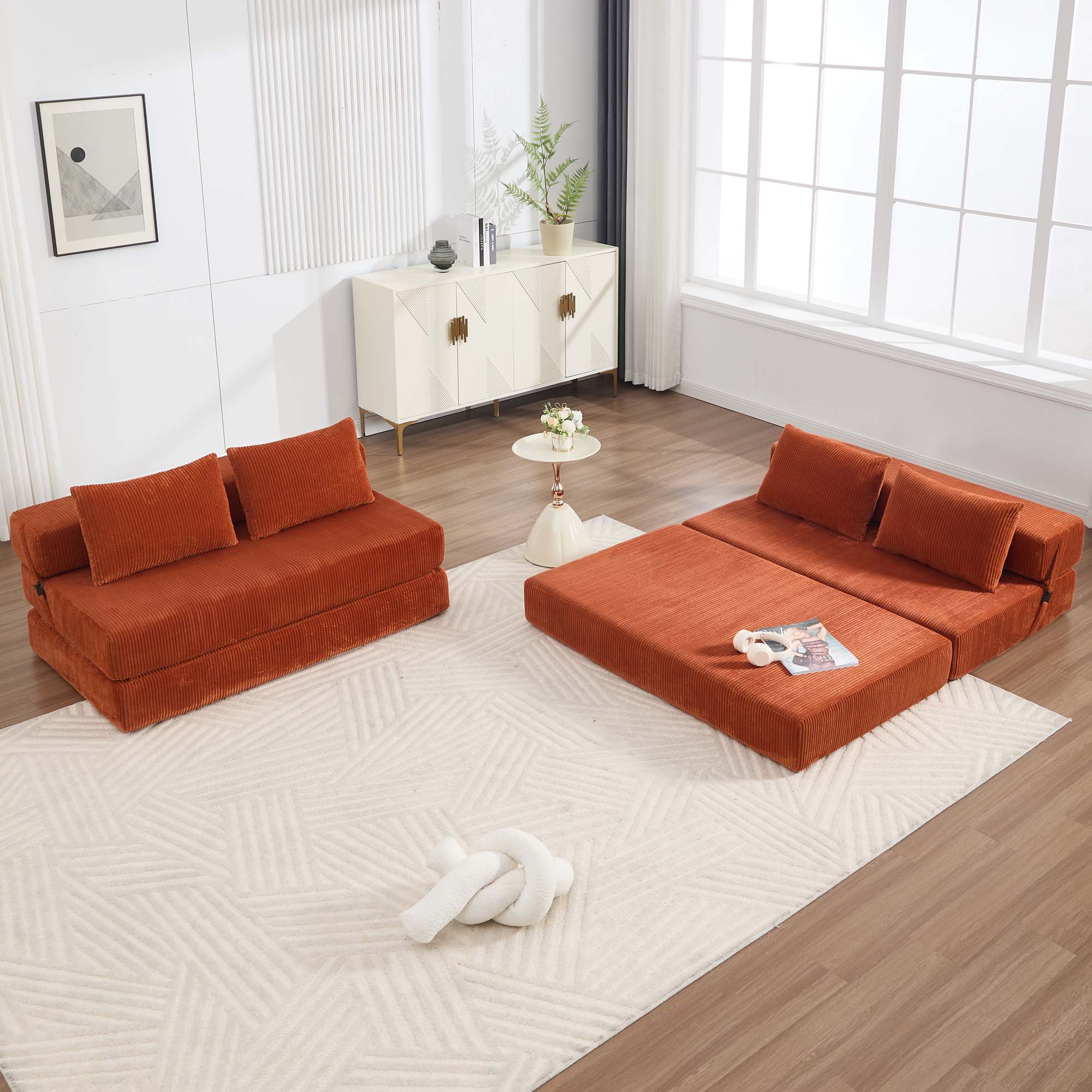 Miniyam Orange Sofa Bed, 55"x80" Full Size Sleeper & Compact Lounge Chair, Converts from 16"H Seat to Bed, Easy Assembly for Small Space, Dorm, Office