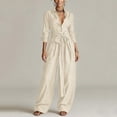thumbnail image 5 of TEAJOPSUU Women's 2 Pcs Outfits Long Sleeve Button Front Collared Belted Shirts Loose Wide Leg Pants with Pockets Flowy Solid Mathcing Sets Women Clothing Beige, 5 of 8