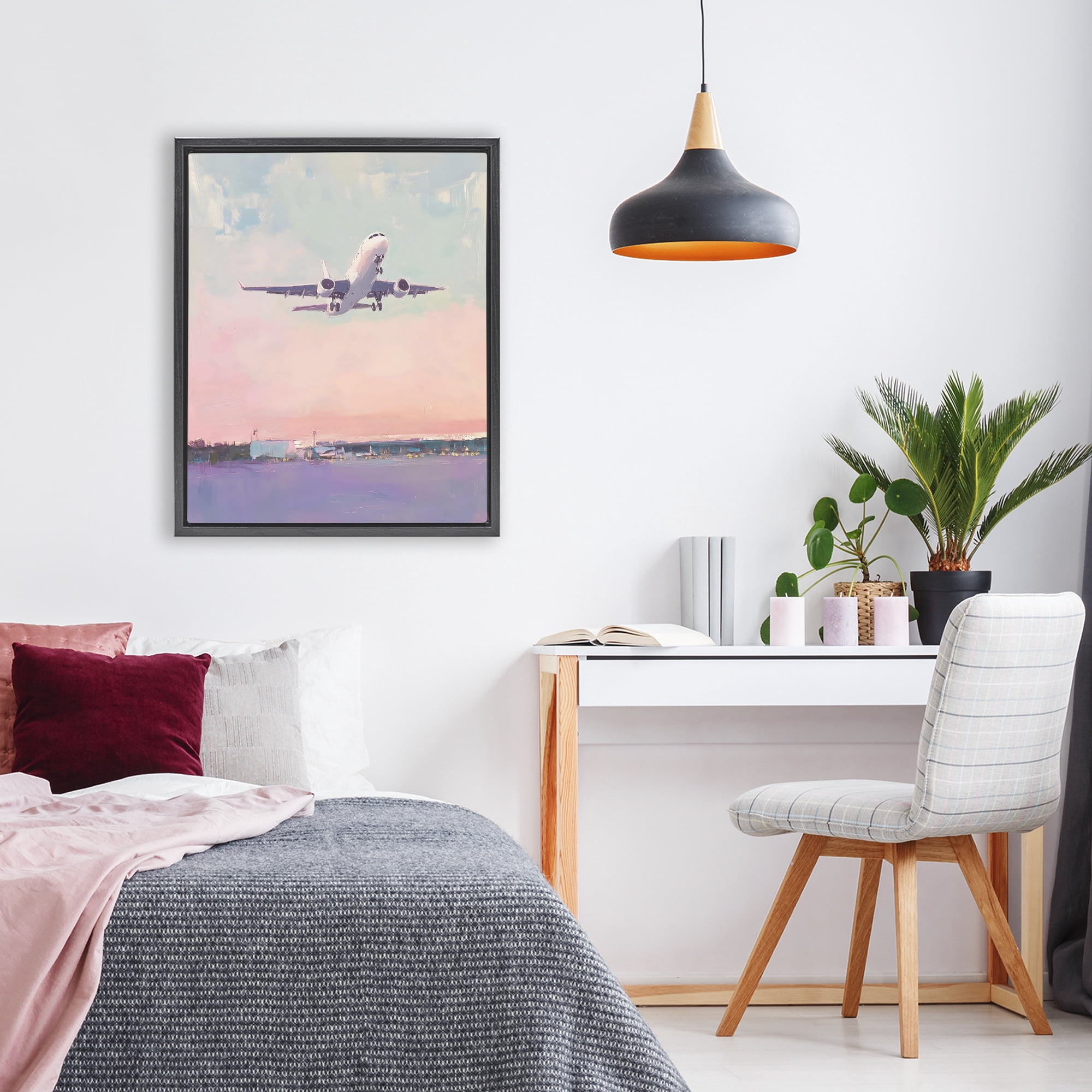 Stupell Industries Airplane Takeoff into Pastel Skies Black Framed Floater Canvas Wall Art, design by The Prints Vibe
