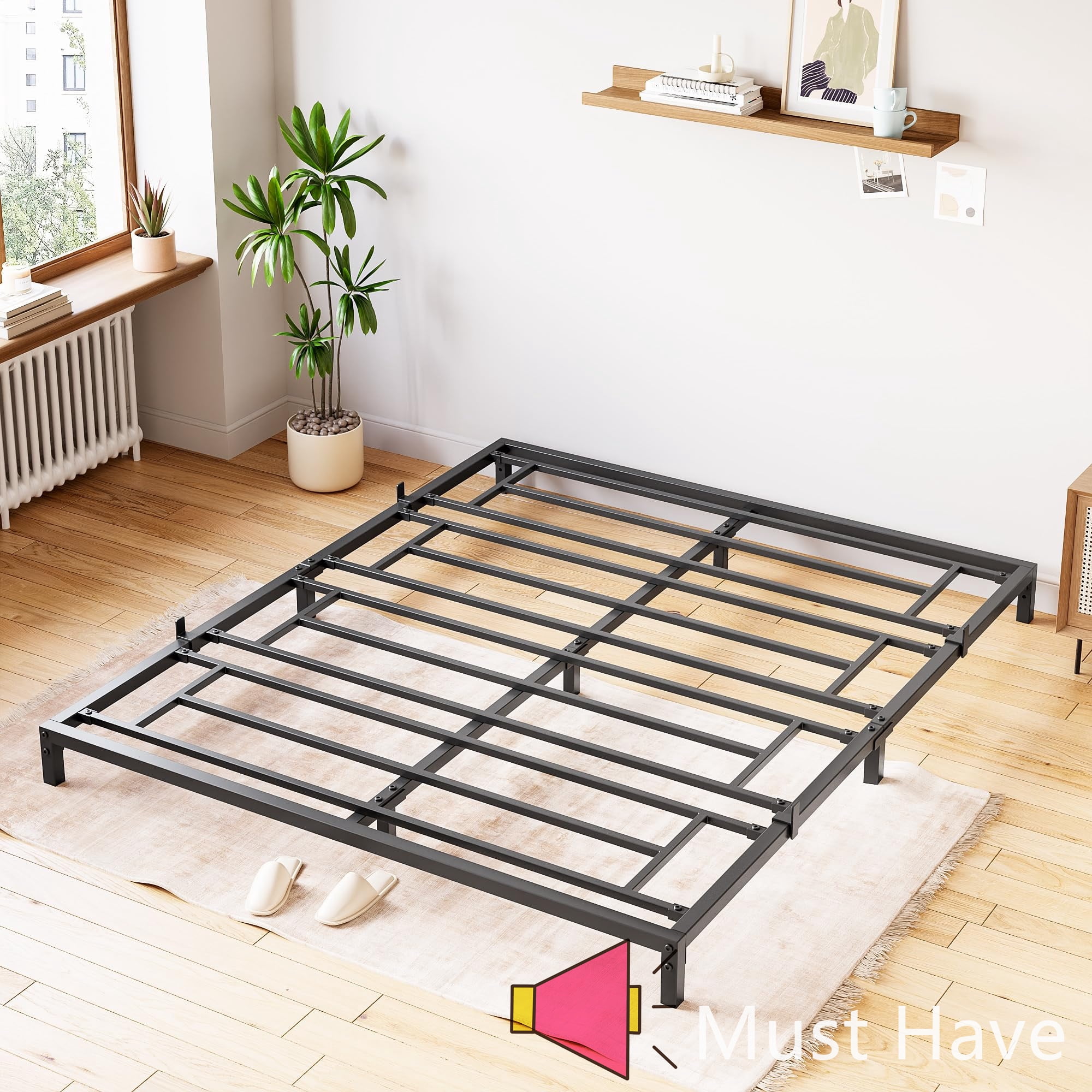 Jojoka 8 Inch Queen Size Metal Platform Bed Frame with Heavy Duty Steel Slats, Noise-Free Design, Reinforced Center Support, Under-Bed Storage Space, and No Box Spring Needed
