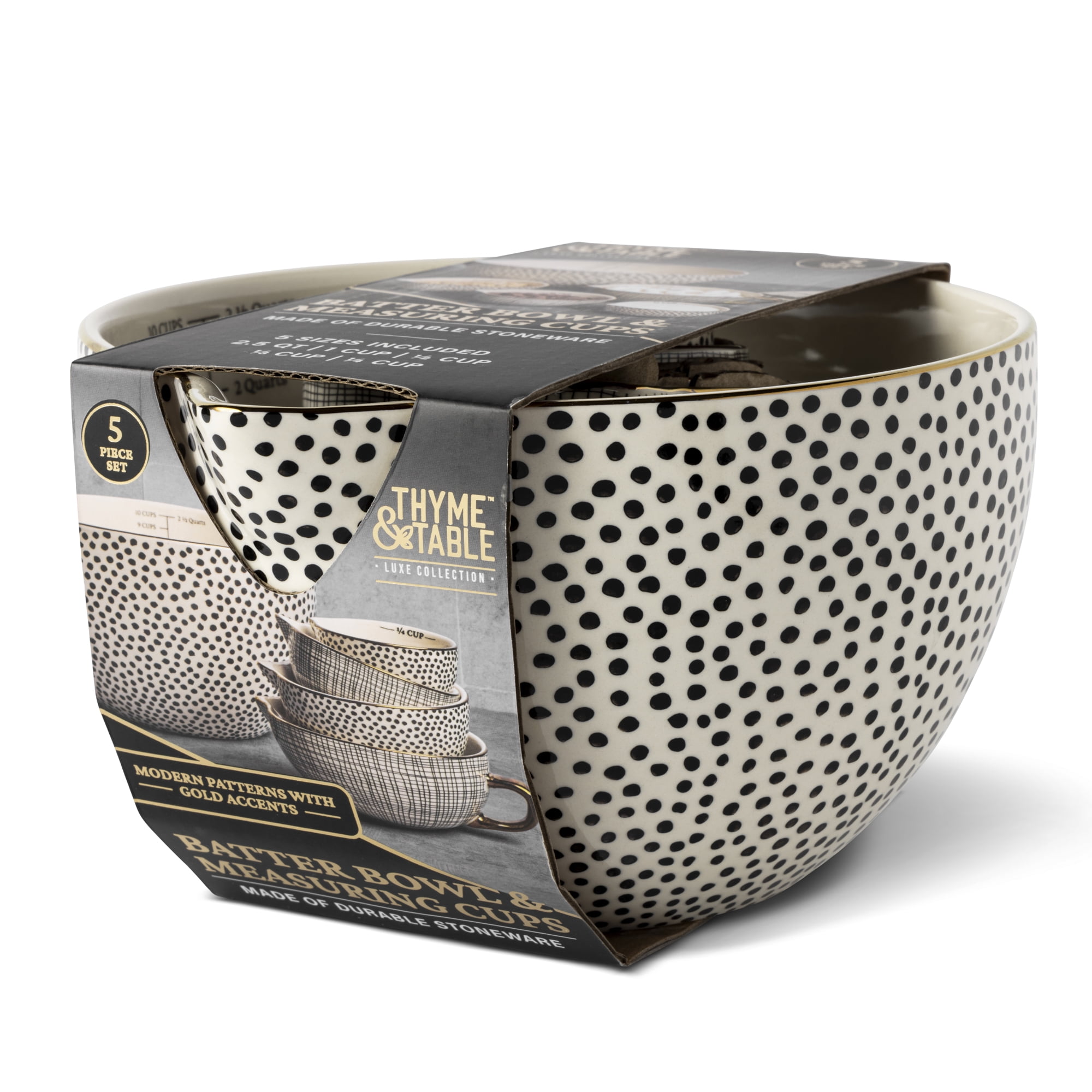 Thyme & Table, 5-Piece Ceramic Mixing Bowl and Measuring Bowl Set, Dot Pattern