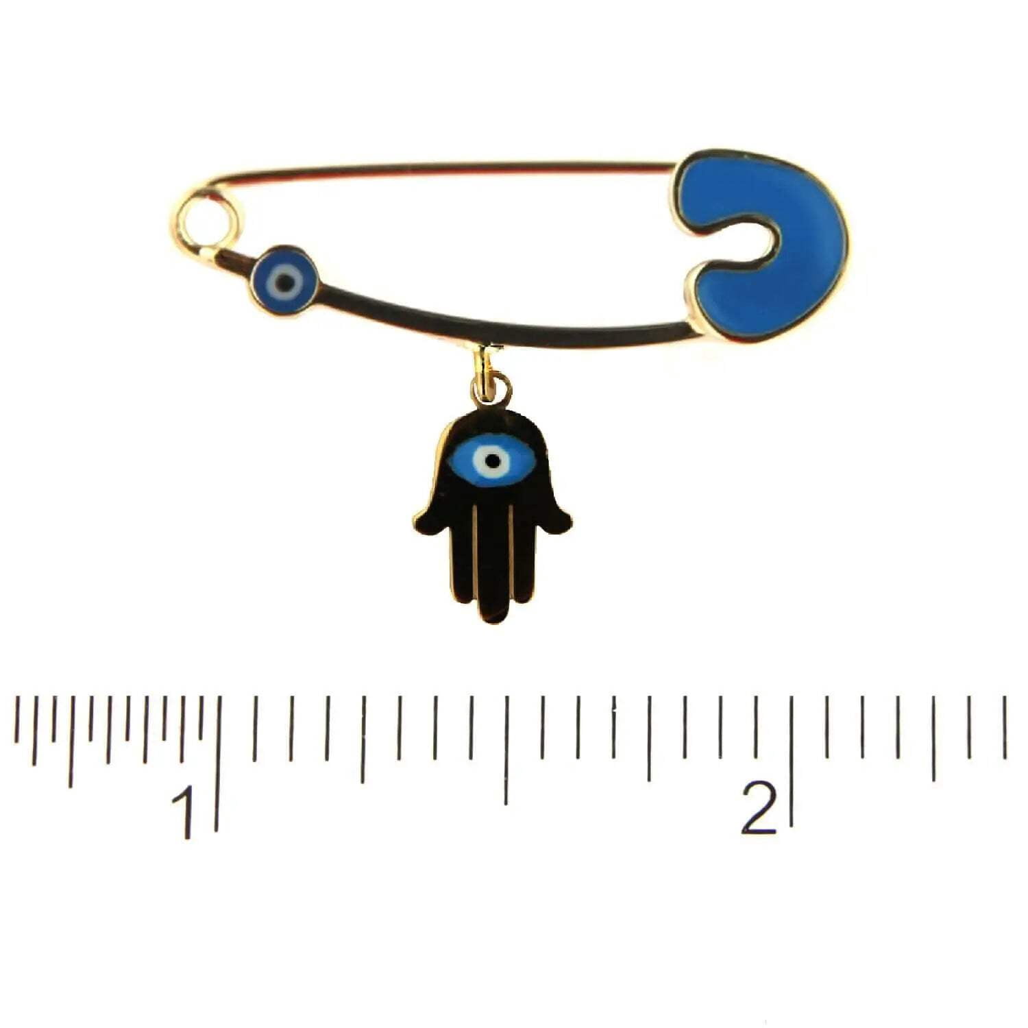 18k Solid Yellow Gold Blue Enamel Mini Eye Safety Pin with Center Blue Eye Hamza Hand 1.14 inch