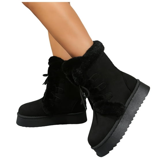 Women's Platform Snow Boots Fashion Fuzzy Furry Lined Suede Winter Chunky Mid Calf Combat Short Booties