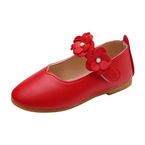 JIAHONG Toddler Girls Dress Shoes Flower Girl Flats Pearls Bow Mary Jane Wedding Party Flora Shoes, Red