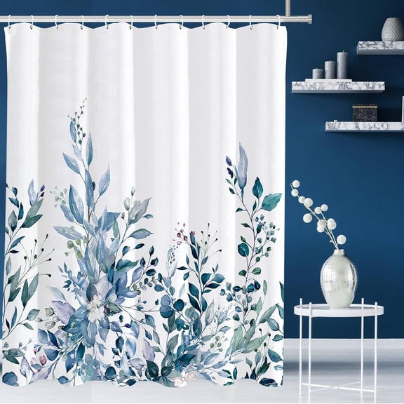 Blue Eucalyptus Leaves Shower Curtain, Watercolor Leaves Plant with Floral Bathroom Decoration Shower Curtain Sets 71x71 Inch with Hooks