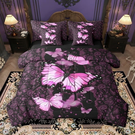 Manfei Bohemian Butterfly 7-Piece Twin Bedding Sets, Mandala Pink Paisley Bedding Comforter Set, Hippie Western Animal Reversible Sheet Sets, Lightweight Room Decor