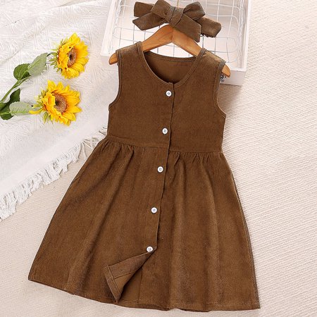 

kpoplk Little Girl Dresses Girls Child Sleeveless Solid Prints Beach Sundress Buttons Party Dresses Princess Dresses For Girls(Coffee)