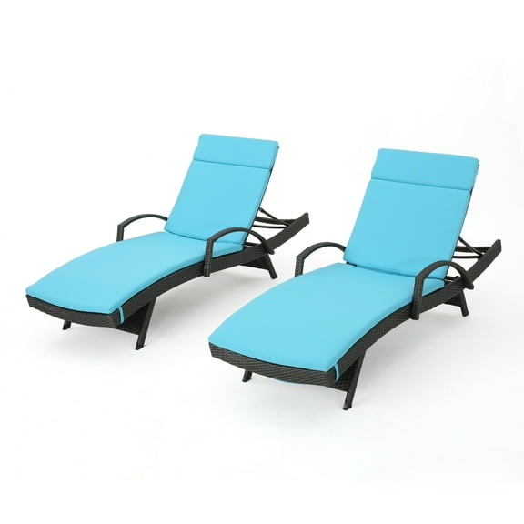 Soleil Outdoor Wicker Arm Chaise Lounges with Blue Water Resistant Cushions, Set of 2, Grey