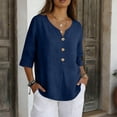 thumbnail image 2 of OIOLOYJM Linen Shirts for Womens Summer 3/4 Sleeve Button Down V Neck Blouses Loose Casual Lightweight Tunic Tops Navy 2XL, 2 of 6