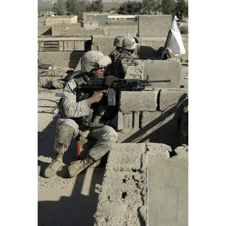 Flowers From Iraq A US Marine and Iraqi Army soldiers watching over the surrounding streets from a rooftop in Karabilah Iraq Print ()