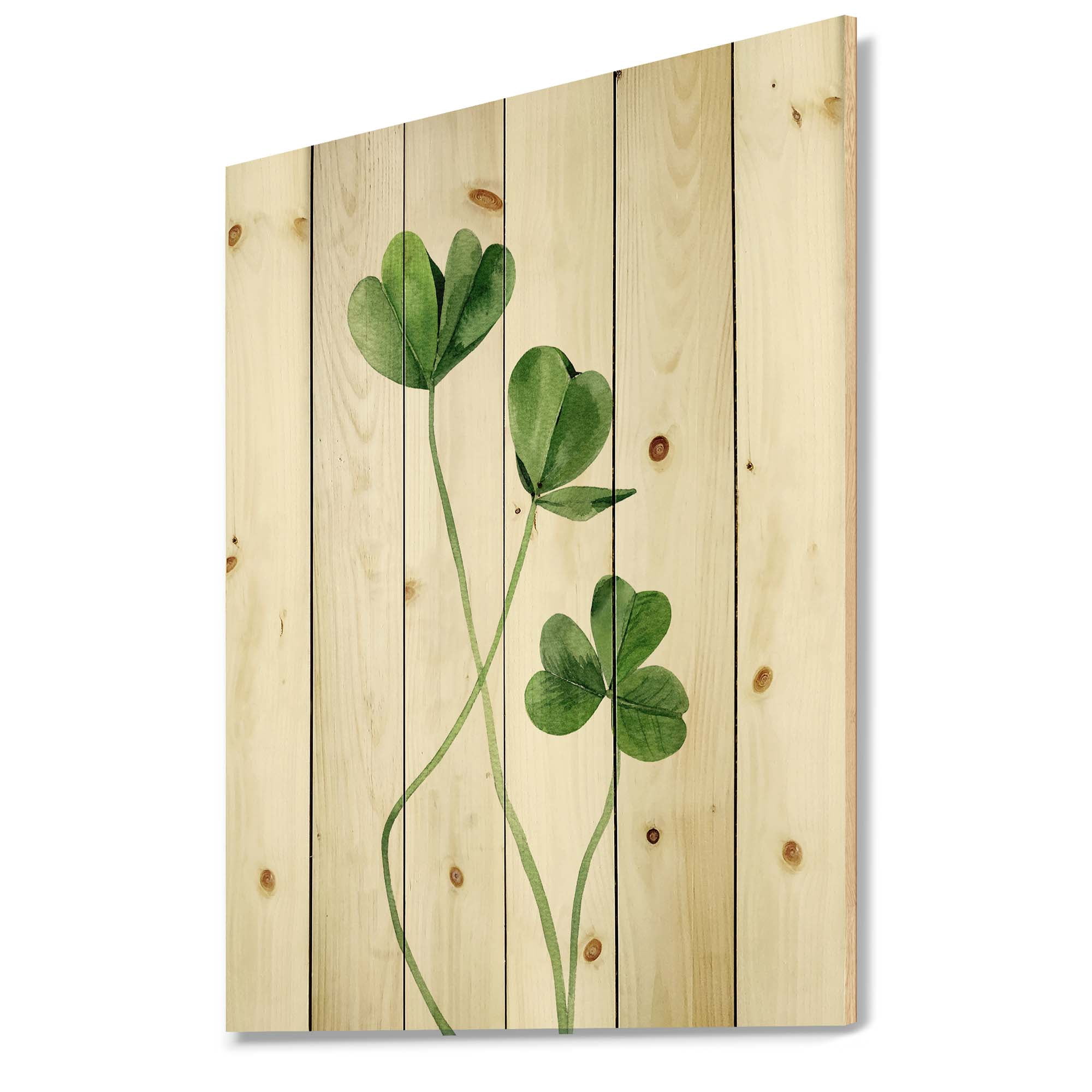 Designart 'Field Green Plant Detail Clover' Farmhouse Print on Natural Pine Wood