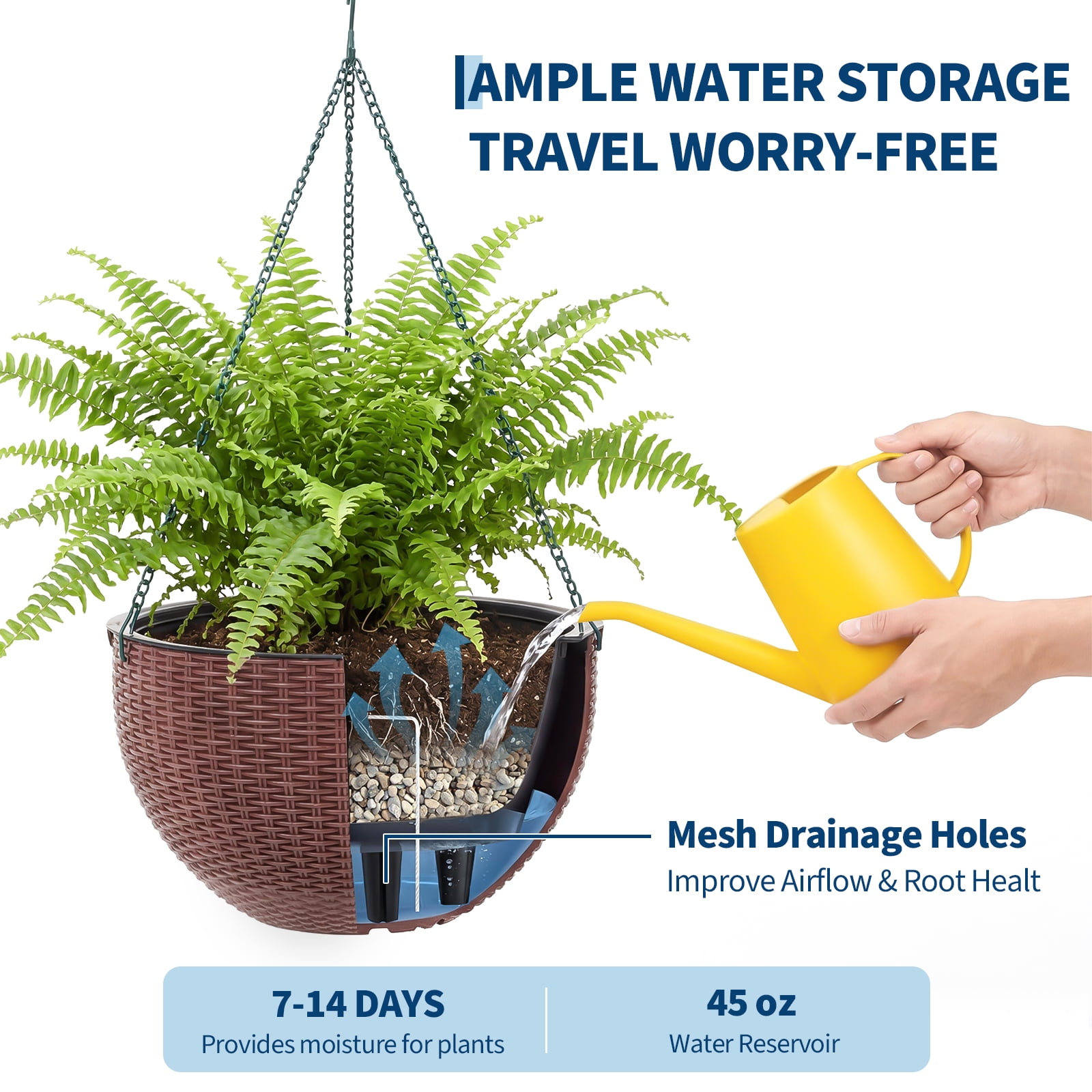 2 Pack  14 Inch Hanging Planter Baskets,Plastic Weave Wall Mounted Hanging Pots with Drainage Plug, Deep Inner Pot for Indoor Outdoor Plants, Flowers, Garden Balcony Decor
