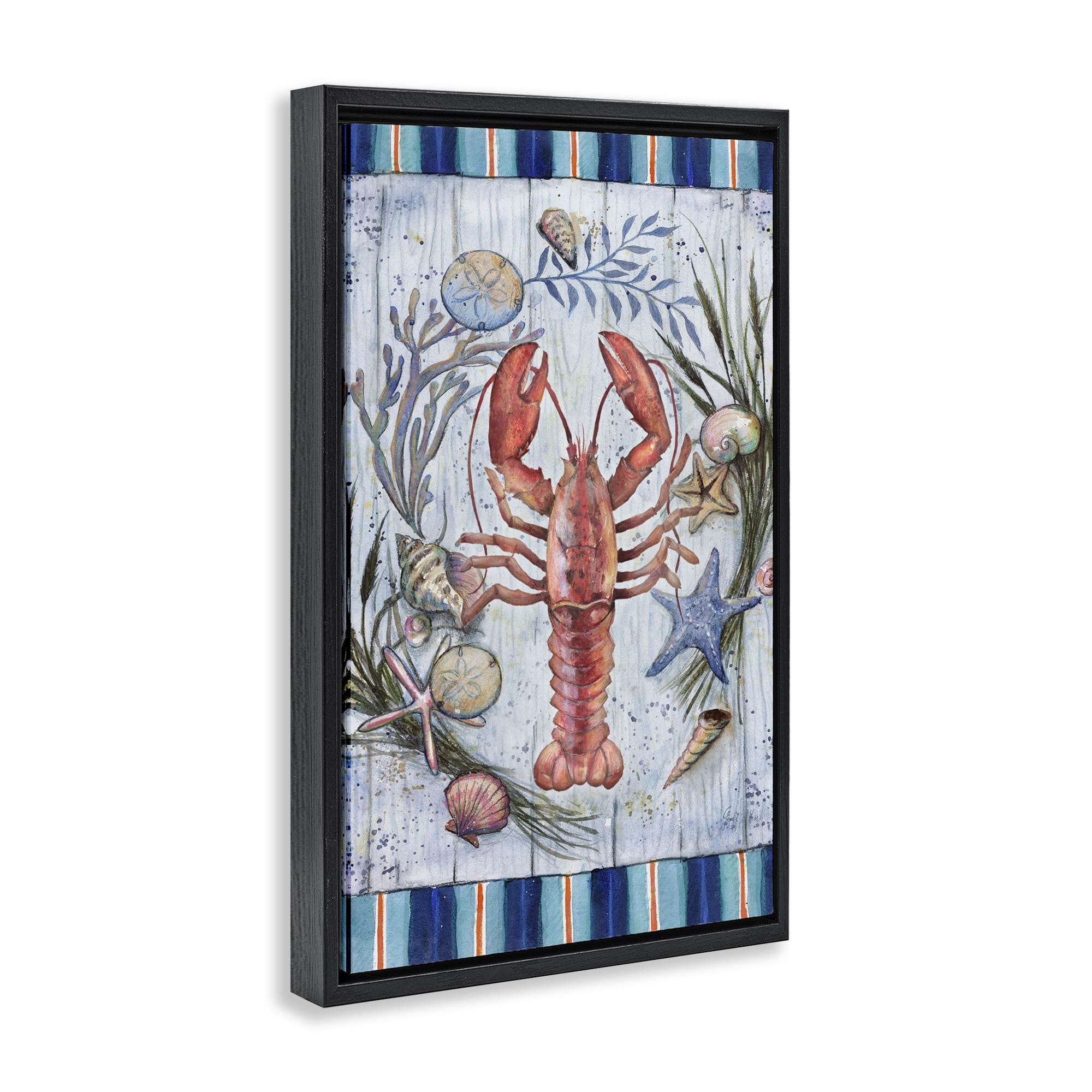Stupell Industries Coastal Wreath & Lobster Nautical & Beach Painting Black Floater Framed Canvas Art Print Wall Art, 17 x 25