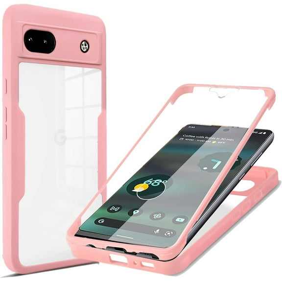 Clear Case for Google Pixel 6A with Built-in Screen Protector, Slim Shockproof Soft TPU Bumper Full Body Protection Phone Cover Case for Google Pixel 6A QC Pink