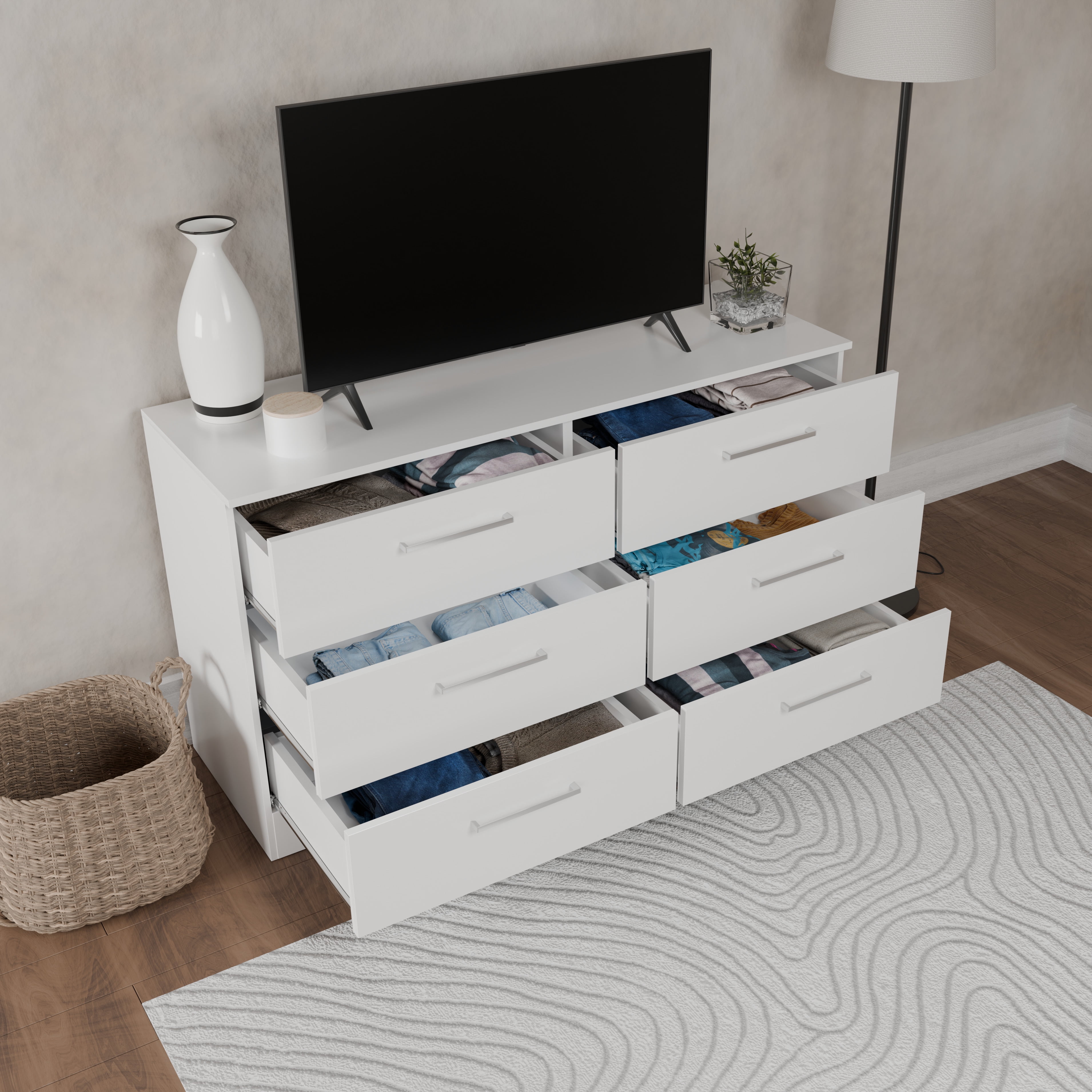 サイズデザインオーダー可！4扉セパレートキャビネット●シャビーホワイト●受注製作 Kappesberg Jolyne 6-Drawer Horizontal Dresser, White Modern
