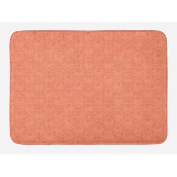 Peach Bath Mat, Flower Ornate Pattern Nature Inspired Image with Soft