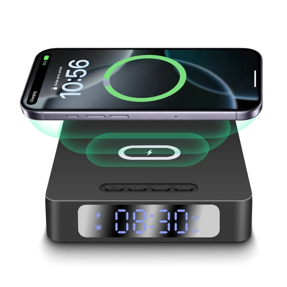 Samovi 2-in-1 Wireless Charger Alarm Clock, 15W Fast Charging Station with Mini LED Digital Clock, Adjustable Brightness, Black for Bedroom Office Desk, Gifts for Women Men