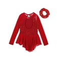 thumbnail image 4 of TiaoBug Kids Girls Sequins Ballet Dance Dress And Headwear Set Long Sleeve Figure Skating Dress Performance Costume Red 6, 4 of 8
