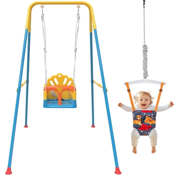 2-in-1 Baby Jumper & Swing, Foldable Toddler Swing Outdoor Toys, Baby Swing for Outside, Orange & Blue