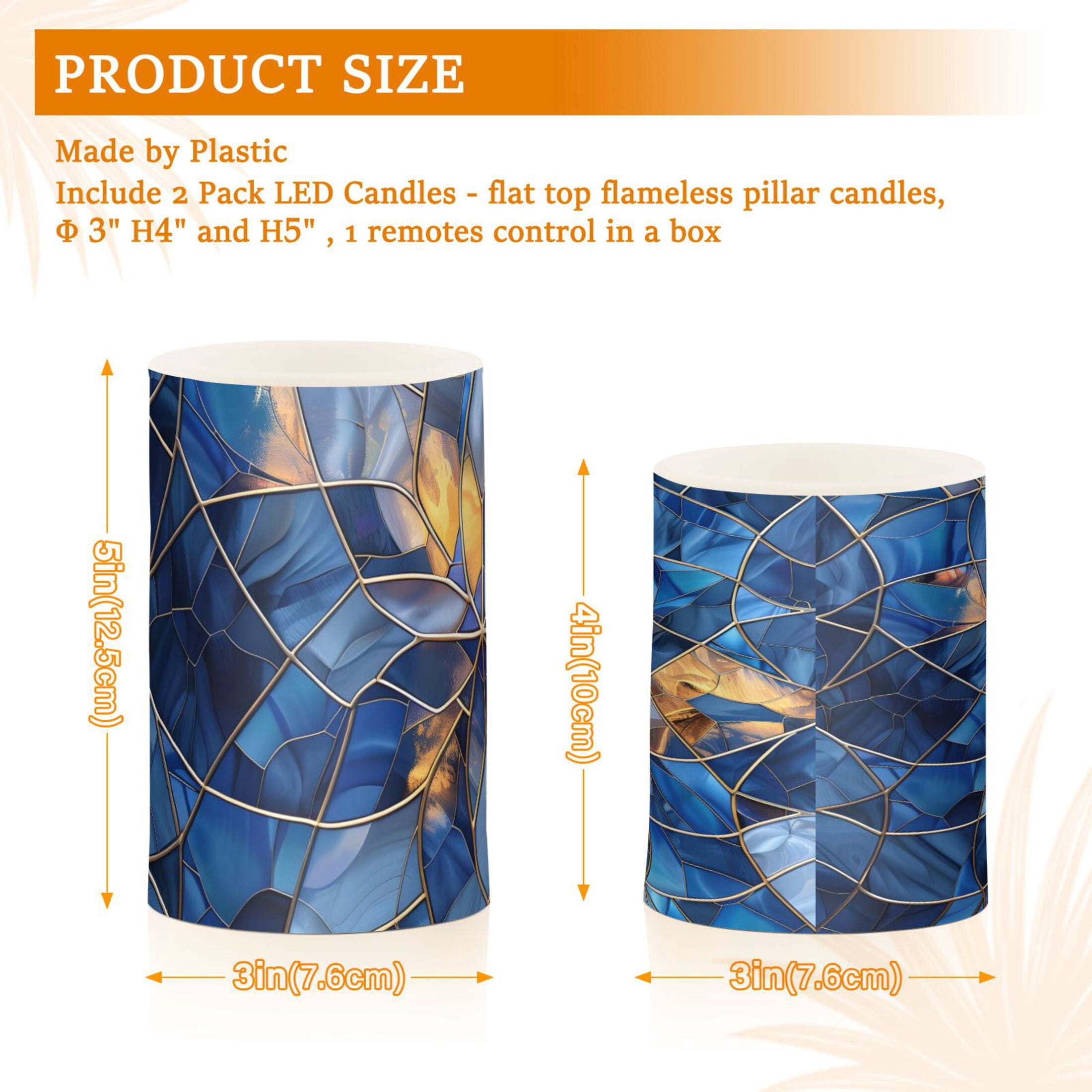 Blue and Gold Glass Flickering Flameless Candles Battery Operated with Remote Timer LED Pillar Candles Set of 2