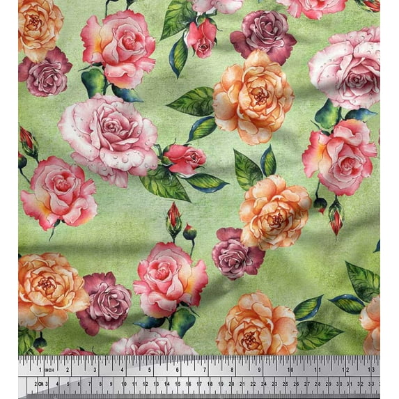 Soimoi Green Satin Silk Fabric Leaves & Rose Flower Print Fabric by The Yard 42 Inch Wide