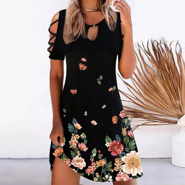 ICHUANYI Clearance Women Casual Slimming Draw Back Printed Short Sleeves Cold Shoulder Dress(Pink, M) Ichuanyi Ichuanyi