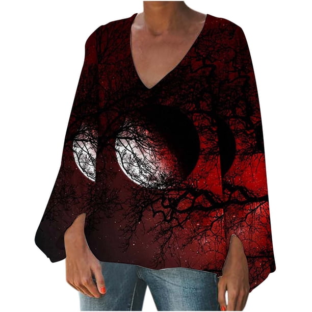 Mujer Otoño Invierno Casual Sexy Moda Camisa Halloween Impreso Manga Larga Puff Cuello V Jersey Top Fridja fjkfkj7646