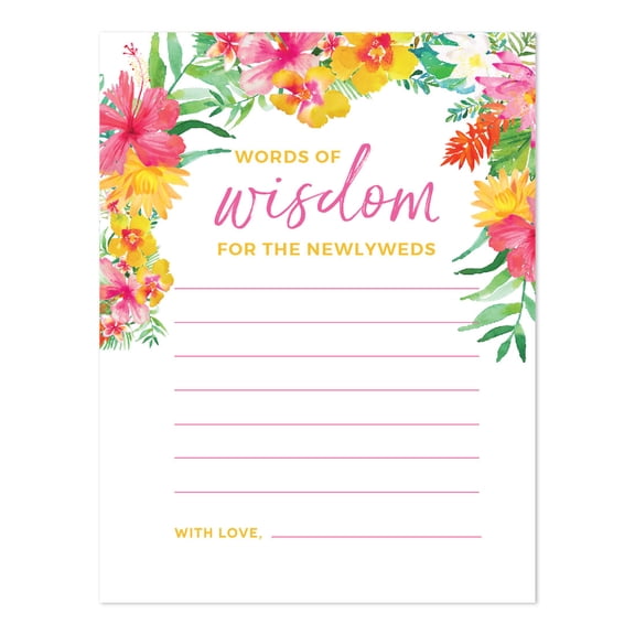 Tropical Floral Garden Party Wedding, Blank Words of Wisdom Newlywed Advice Cards, 20-Pack