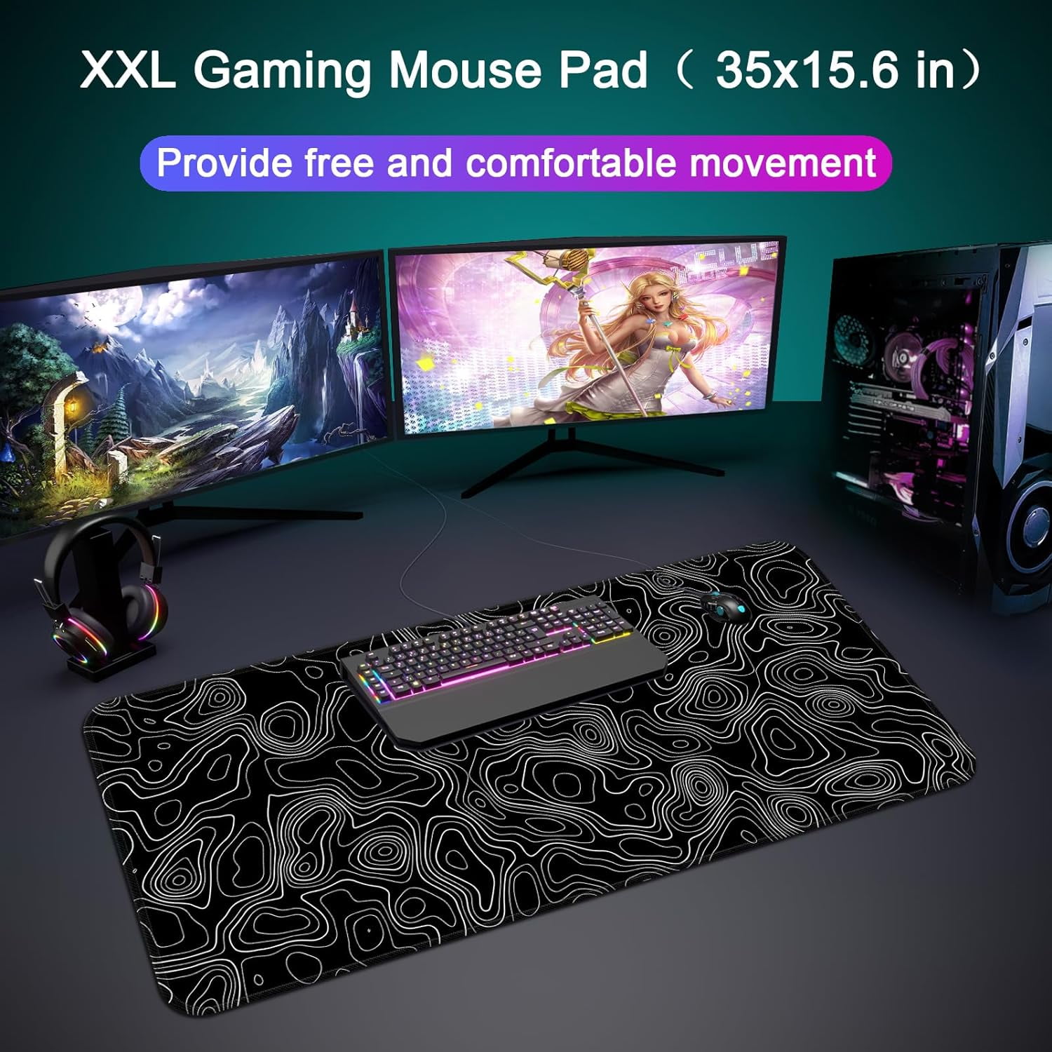 Desk Mat,Large Gaming Mouse Pad 35''×15.6''×0.12'' XXL Extended Mouse Pad Mat Desk Pad with Non-Slip Base Mousepad for Computer,Office,Keyboard and Laptop - Topographic A