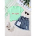 thumbnail image 2 of Girls Summer Outfit Sets 2 Piece Short Sleeve Graphic T-shirt & Raw Hem Denim Skirt Spring Summer Casual Girls' Clothing Sets (LA-Green 4T-5), 2 of 7