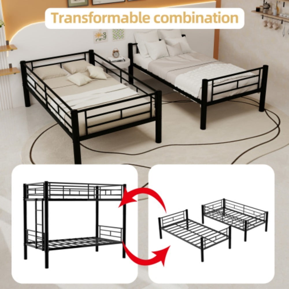 Twin Metal Bunk Bed, Convertible & Detachable into 2 Twin Beds, Heavy-Duty Iron Frame, 400 lbs Capacity, Guardrails & Ladder, Black