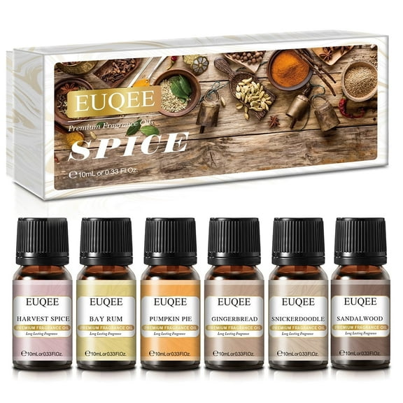 EUQEE 6Pcs Premium Fragrance Oils Spice Set for Diffuser, DIY Candles, Sandalwood, Harvest Spice, Gingerbread, Pumpkin Pie, Bay Rum, Snickerdoodle (10ml)