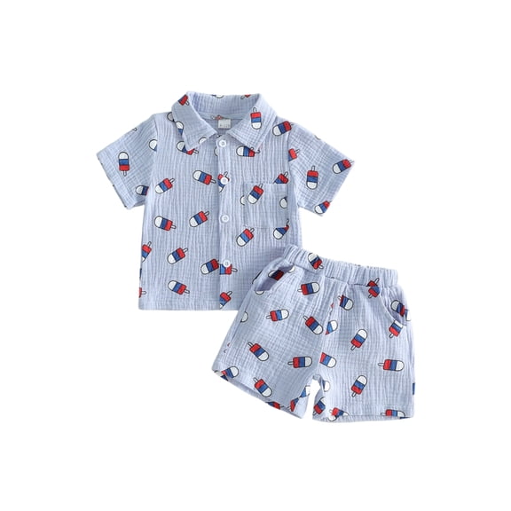 BemeyourBBs Toddler Baby Baby Boy 4th of July Outfits Baby Boys Patriot Independent Day Outfit Cotton Linen Summer Clothes Ice Cream Print Short Sleeve Button Down Shirt and Pockets Shorts Set