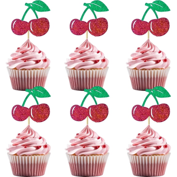 10pcs Cherry Cupcake Toppers Red Glitter Cherry Cupcake Decoration for Fruit Theme Party Kids Birthday Parties Decorations Supplies