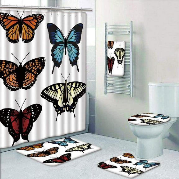 PRTAU Swallowtail Butterfly Five Different Butterflies Colorful Monarch Lady Insect Wings Spring 5 Piece Bathroom Set Shower Curtain Bath Towel Bath Rug Contour Mat and Toilet Lid Cover