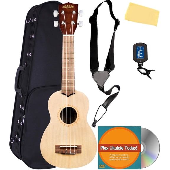 Kala KA-15S-S Satin Spruce Soprano Ukulele Bundle with Hard Case, Tuner, Strap, Austin Bazaar Instructional DVD, and Polishing Cloth