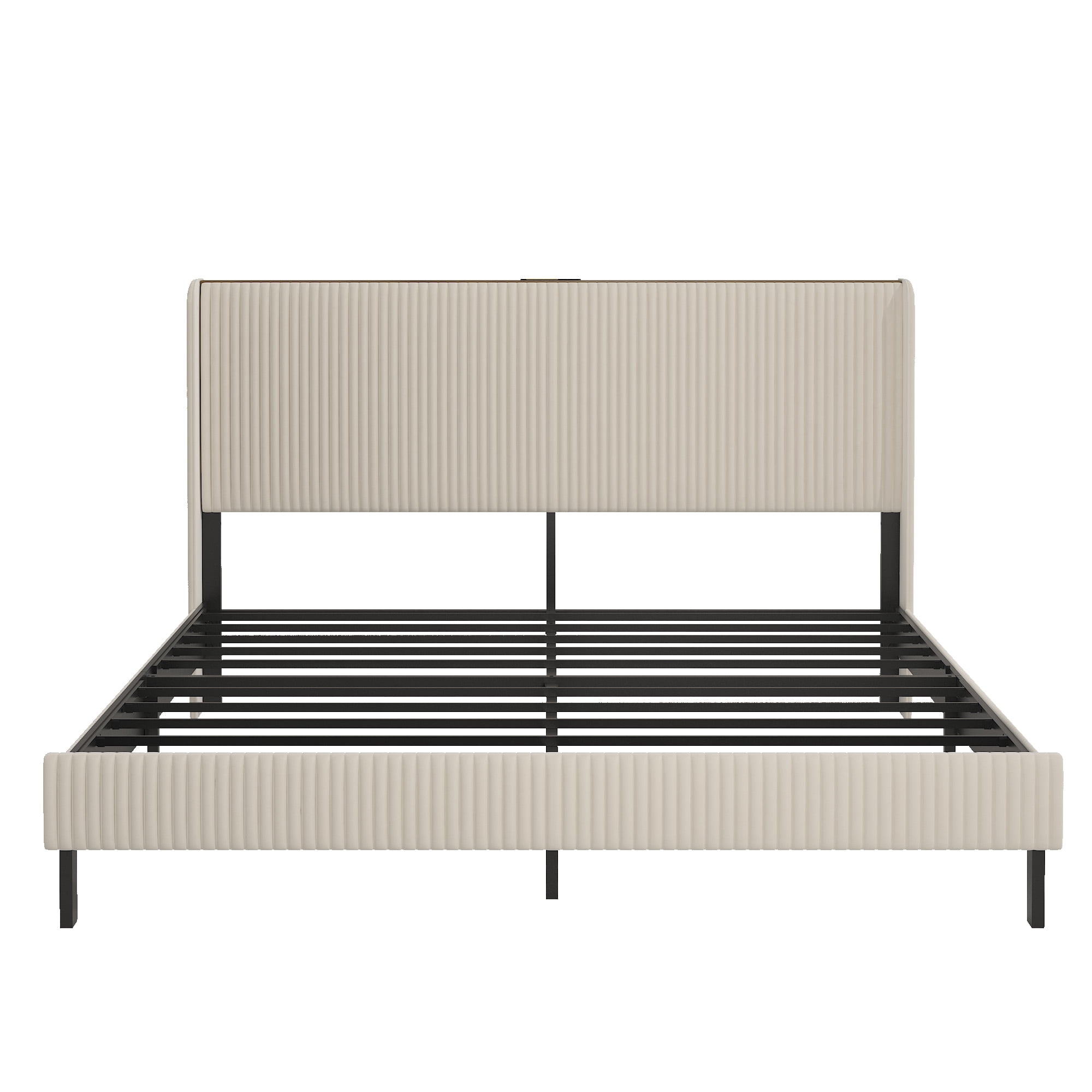Yoneston King Size Platform Bed Frame with Velvet Upholstered Headboard Storage Shelf and USB Port Charging Station for Bedroom, Beige
