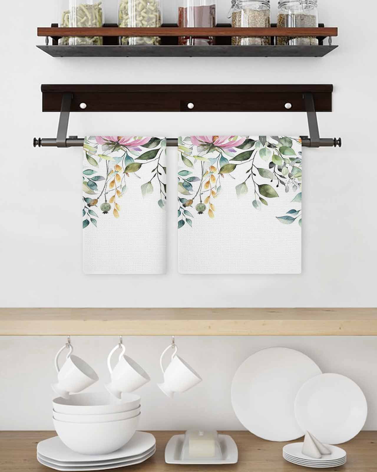 Eucalyptus Flower Hand Towels Set,Waffle Weave Kitchen Towels 4 Pieces,Sage Green Botanical Boho Leaf Pink Microfiber Hair Face Bath Tea Towel Absorbent Quick Drying Cleaning Dish Cloths,15.7"x23.6"