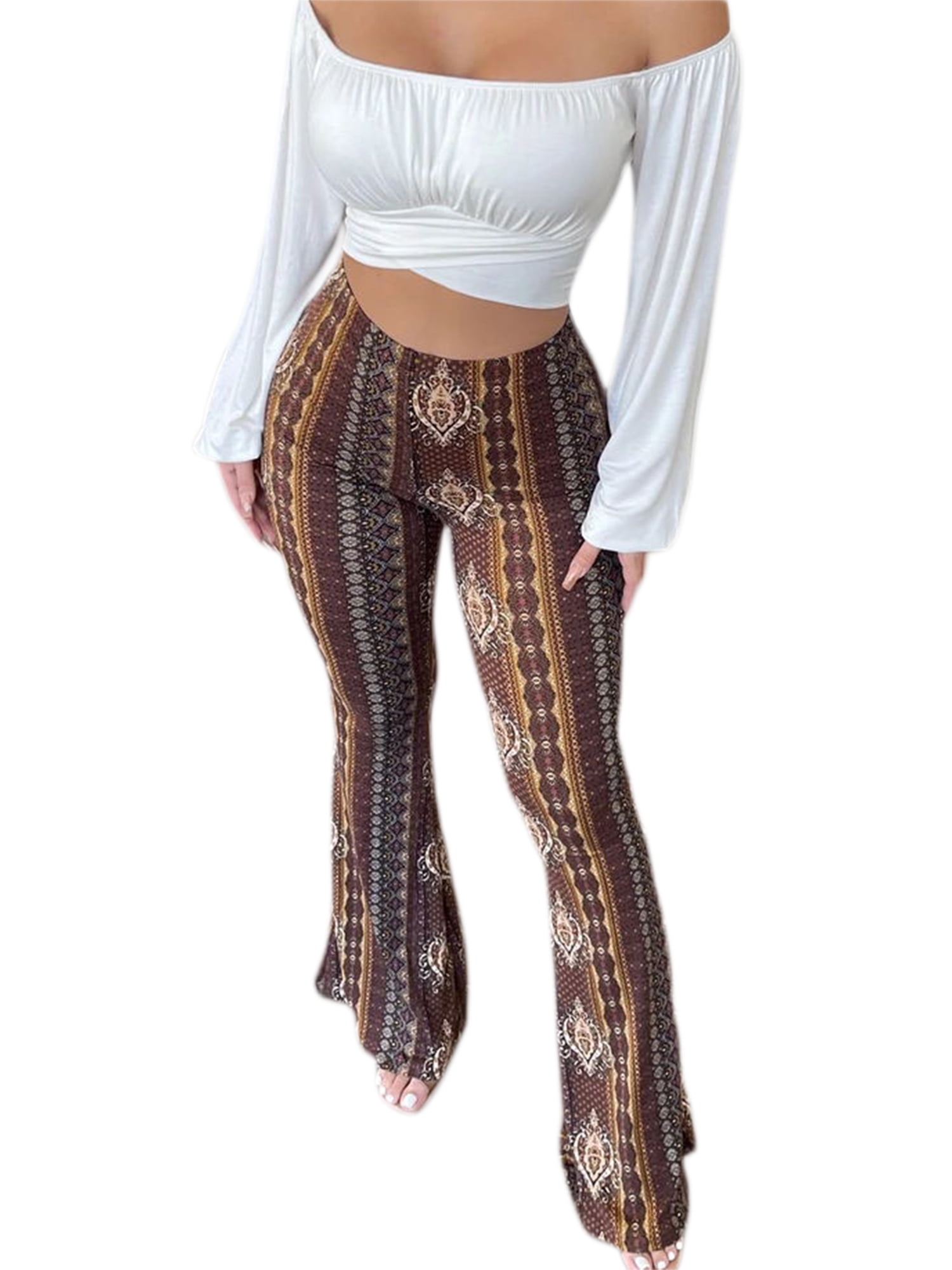 Womens Casual Bell Bottoms Pants Tribal Boho Striped Flare Pants Slim Fit Elastic Waist Palazzo Cropped Trousers 