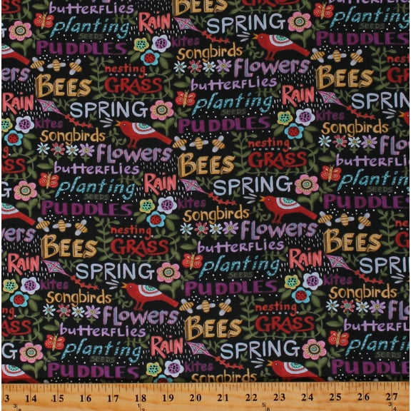 Cotton Birds Bees Butterflies Butterfly Flowers Plants Words Script Rain Showers Grass Puddles Plants Folkscape Black Cotton Fabric Print by the Yard (10436-12)