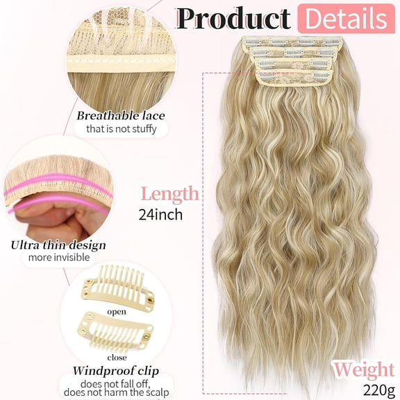 WEIF-Beach Blonde Hair Extensions Clip in Synthetic Highlight Hair Extensions Long Wavy 4PCS Thick Hairpieces 24 Inch Beach Blonde for Women