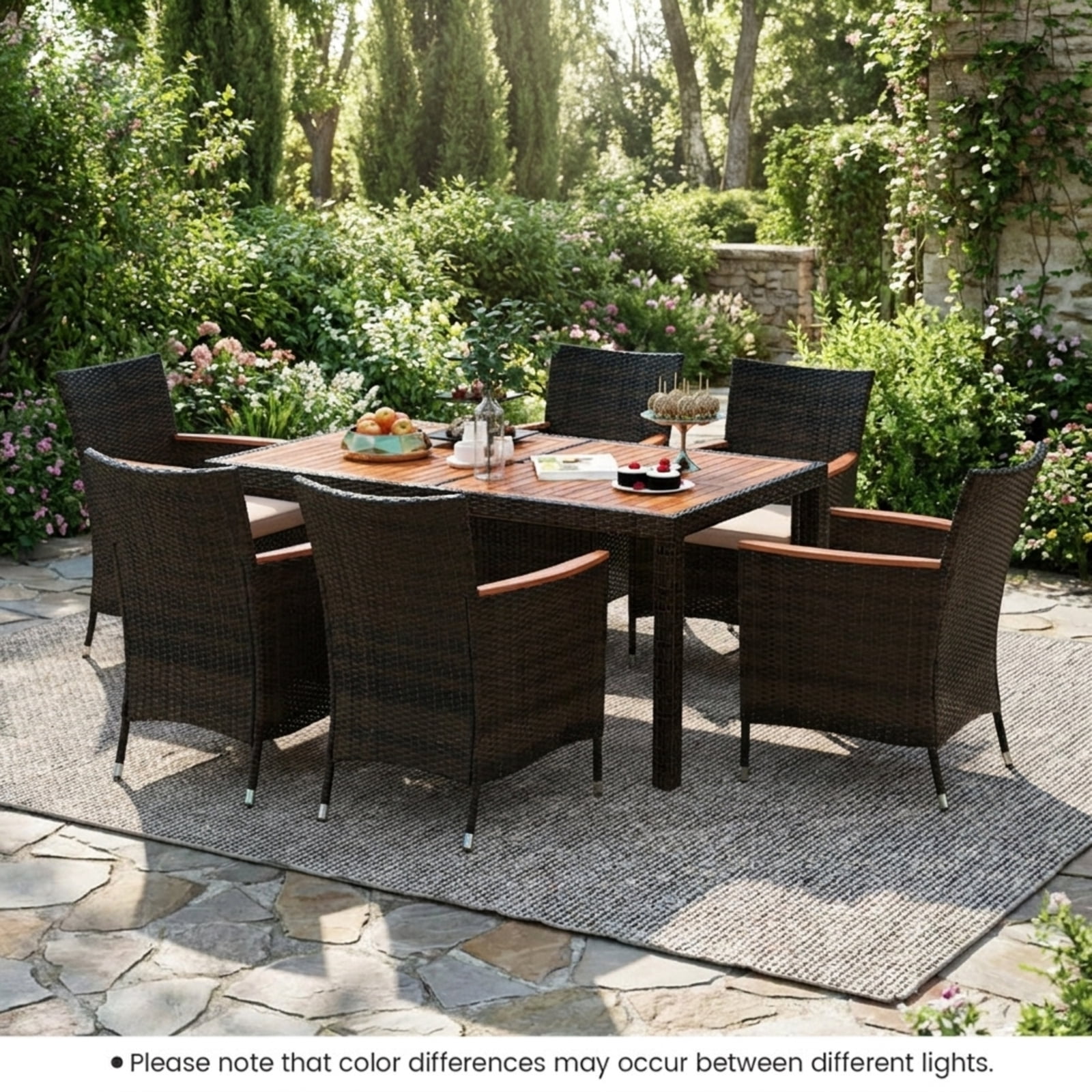 Biotree 7 Piece Patio Rattan Dining Set with Acacia Wood Table and Cushioned Chairs for Outdoor Backyard Garden and Porch Gatherings, Brown