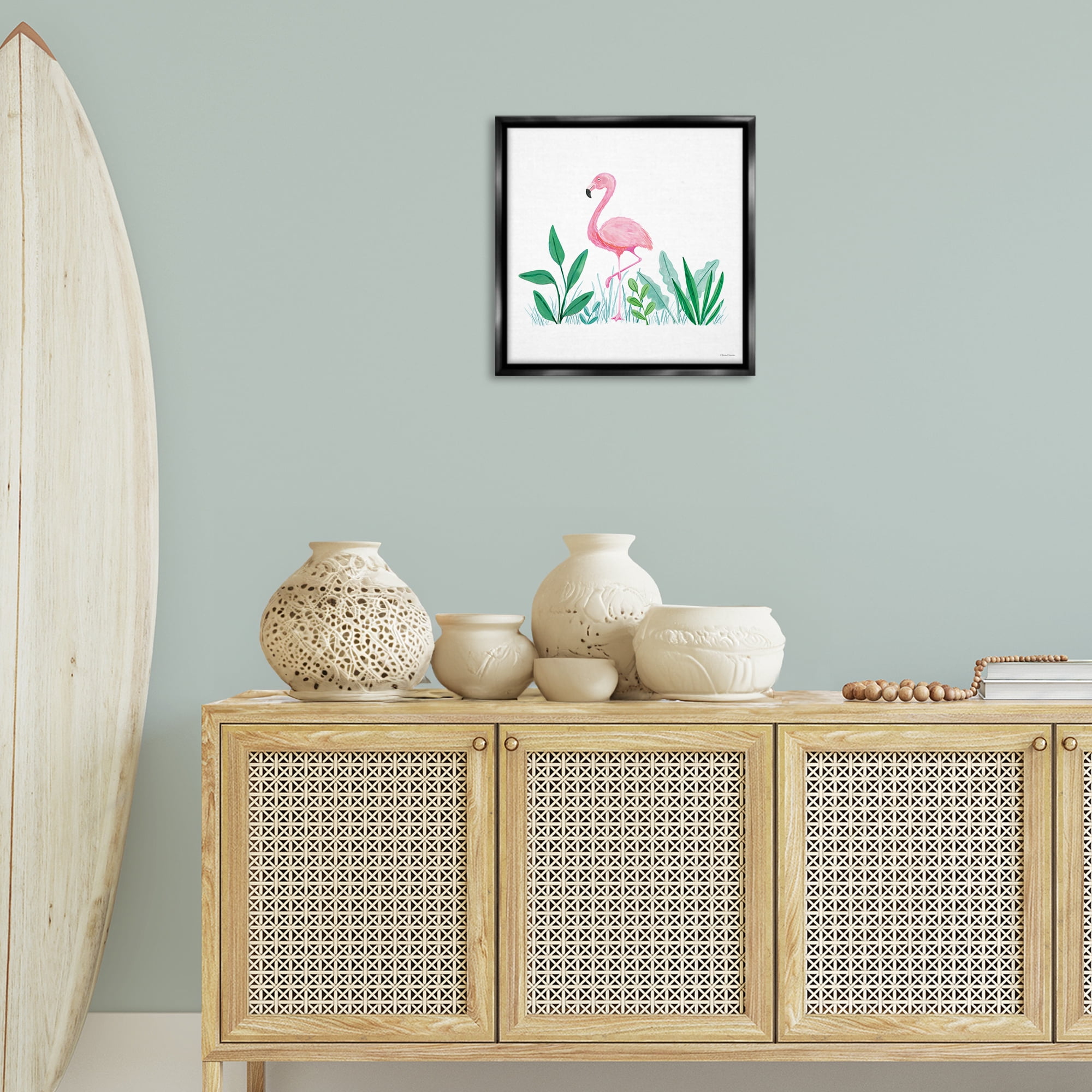 Stupell Industries Summer Flamingo & Fronds Animals Painting Black Floater Framed Canvas Art Print Wall Art, 18 x 18