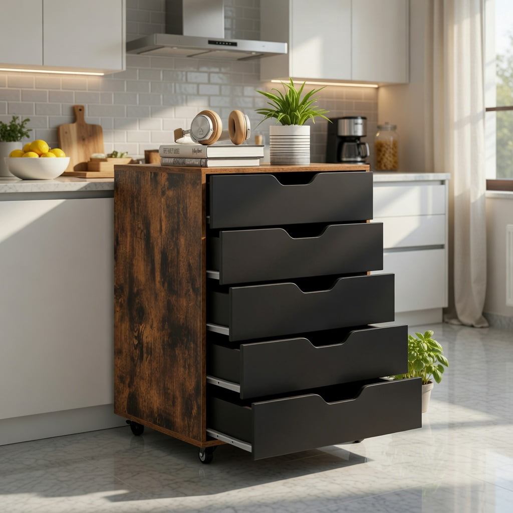 Demi Bonn 5 Drawer Mobile Lateral Filing Cabinet Storage Home Office Floor Cabinet with 4 Wheels, Brown
