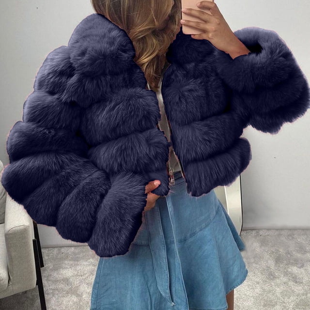 ICHUANYI Clearance Women's 2023 Winter Fleece Cropped Jacket Faux Long Sleeve Warm Outerwear Fall Clothes(Navy, XXL) ICHUANYI WER2023081510992