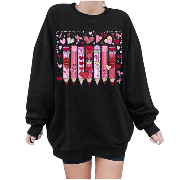 Oalirro Black Crew Neck Long Sleeve Tops for Woman Summer Women's Round Printed Loose Fitting Sweatshirts Long Sleeve Hoodless Sweatshirts