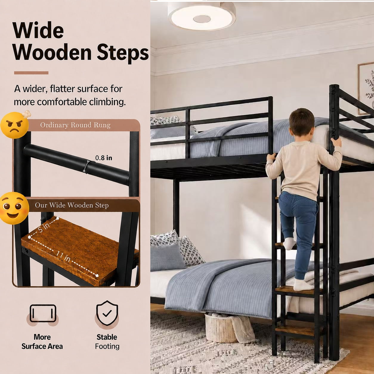Alvantor Convertible Twin over Twin Metal Bunk Bed with Wide Ladder, 600 lb Support, Black