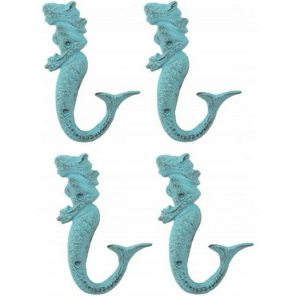 4 Mermaid Cast Iron Wall Hooks, Blue, 6 Inches Tall