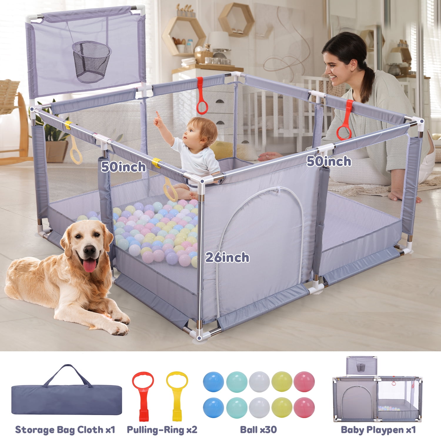 JoyStone 50 x 50 Baby Playpen with 30 Ocean Balls, Soft Mesh Sides, Basketball Hoop & Pull Rings, Indoor Baby Fence for Toddlers, Grey